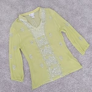 STUNNING Vintage Y2K 100% Silk Sheer Tunic Top w/Silver Sequin Detail, Size L